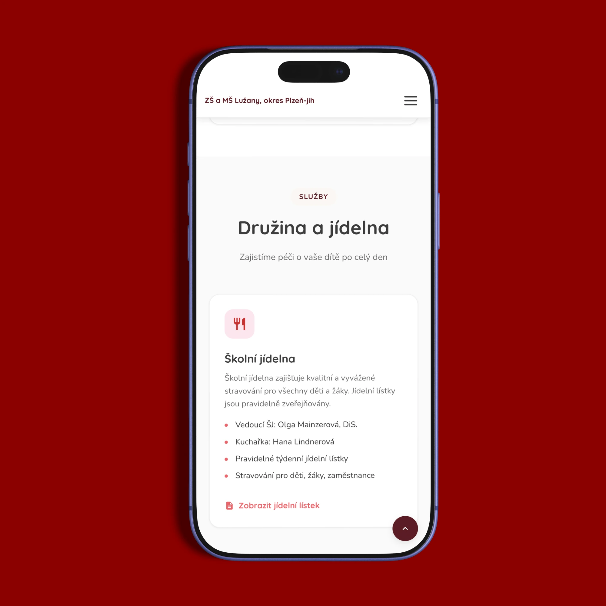 Mobilní verze webu ZŠ a MŠ Lužany na iPhonu se sekcí Družina a jídelna a odkazem na jídelní lístek