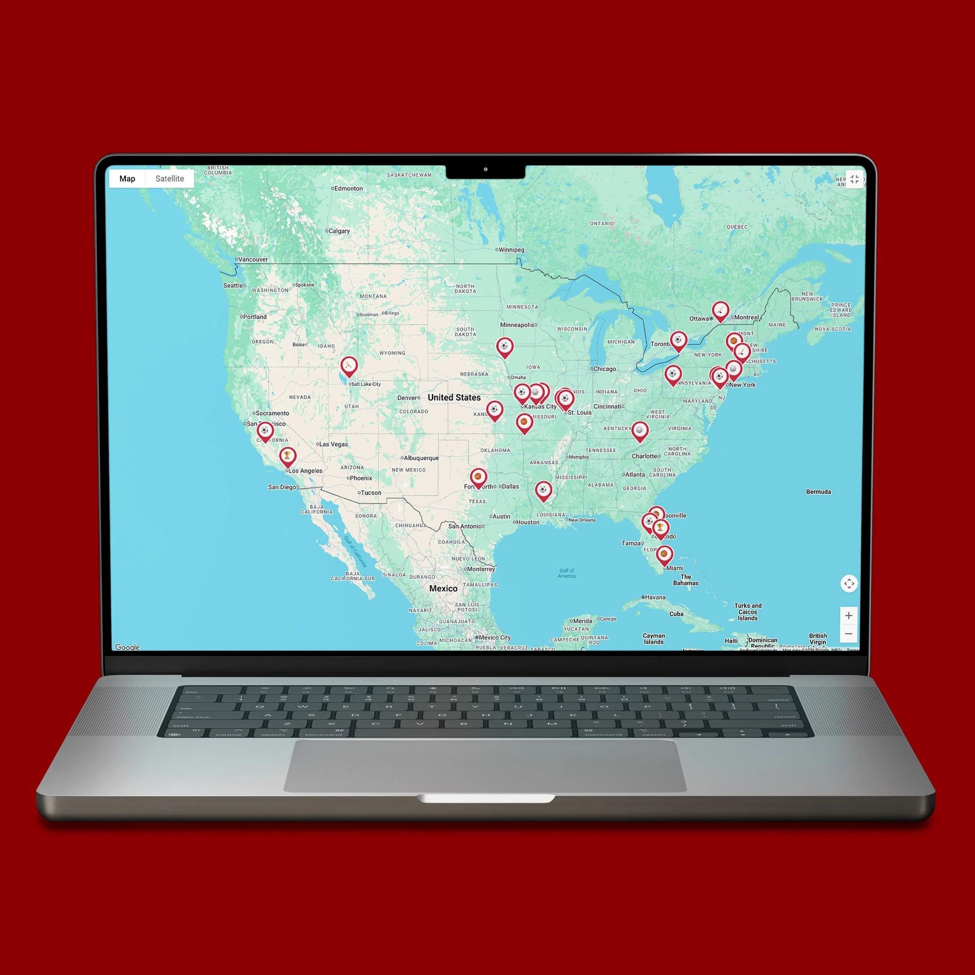 Mapa partnerských univerzit ve Spojených státech v aplikaci Sportuj USA na notebooku MacBook se značkami škol