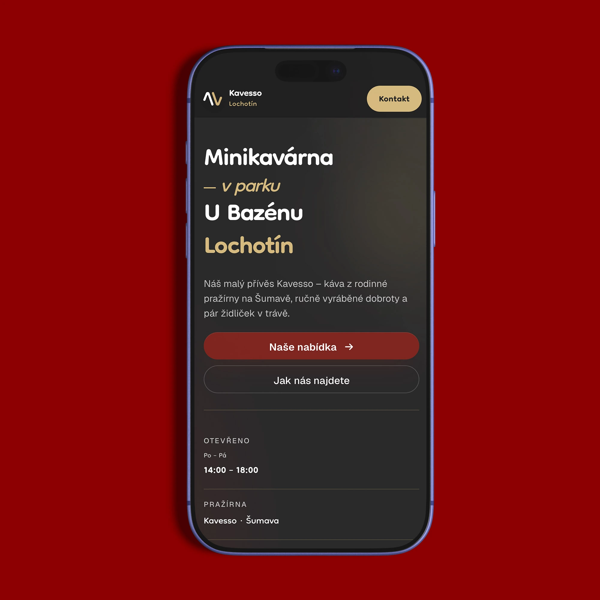 Mobilní verze webu Kavesso Lochotín na telefonu s otevírací dobou a tlačítky na nabídku a cestu ke stánku